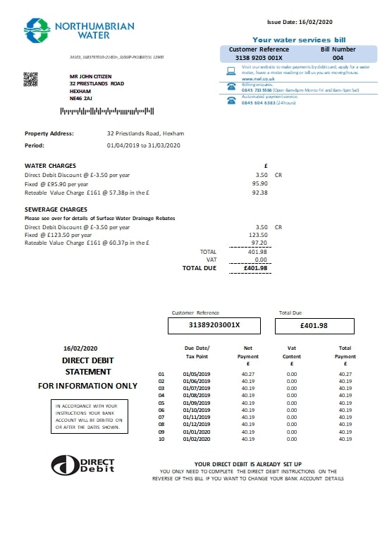 United Kingdom Northumbrian Water utility bill template in Word and PDF format, version 2